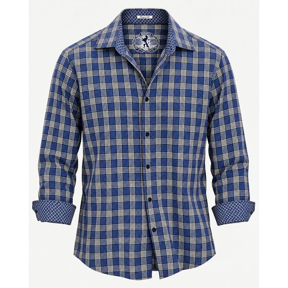 Bugatchi Shaped Fit Plaid Button Down Shirt Blue White Men's Size Large Cotton